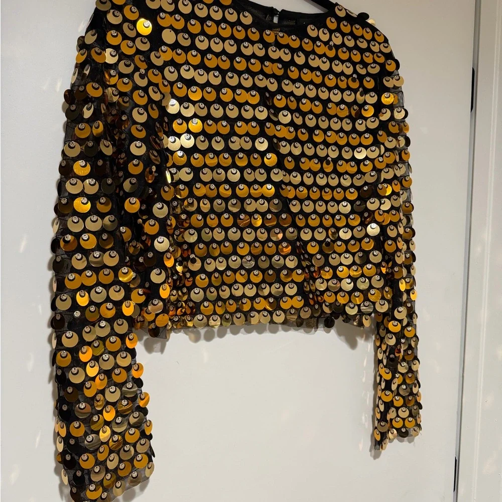 Line and Dot Gold Sequin Long Sleeve Crop Top Womens - Size L - Picture 6 of 6